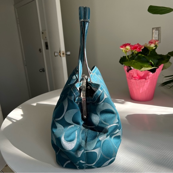 Coach Signature Blue and Silver Print Satchel - Picture 2 of 14